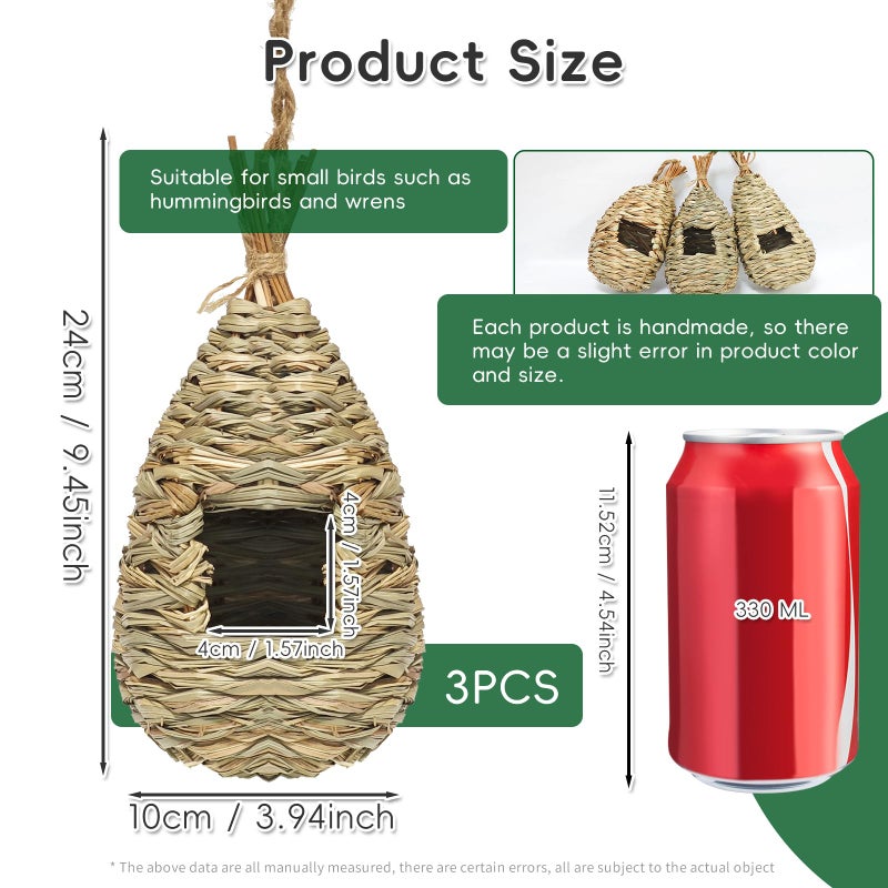 Gute Hummingbird Houses for Outside Hanging, Natural Grass Hanging Bird Hut, Hand Woven Bird Nest, Large Wren Finch Bird House for Garden Window Outdoor Home Decoration, 3 Pack - Image 2